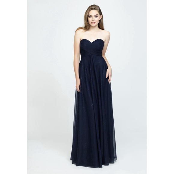 Allure Bridals Bridesmaids Dress Size 10 Navy Ruched Chiffon Strapless Gown 1610 - Picture 1 of 16